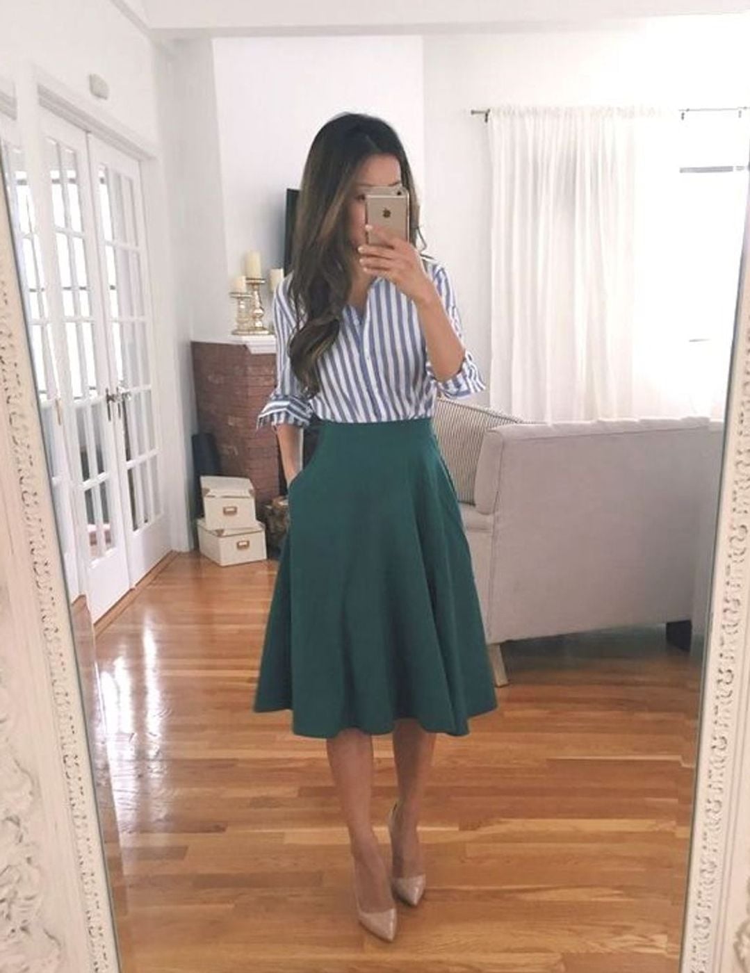 Striped Button-Down with Green Flared Midi Skirt Striped Button-Down with Green Flared Midi Skirt — Trendy Teacher Outfits Elementary