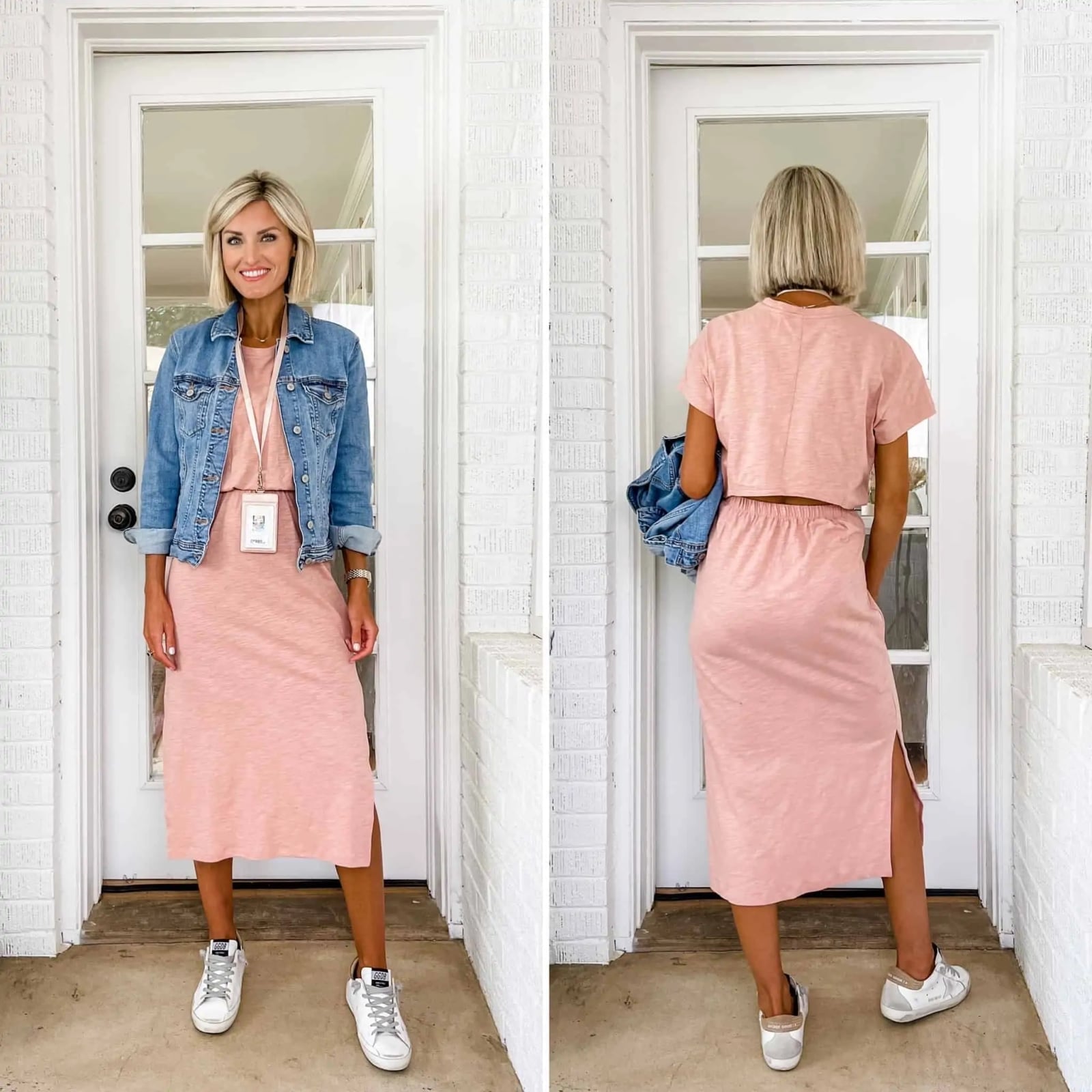Pink T-Shirt Dress with Denim Jacket and Sneakers Pink T-Shirt Dress with Denim Jacket and Sneakers — Trendy Teacher Outfits Elementary