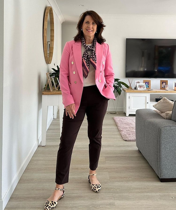 Pink Blazer with Cream Sweater and Slim Trousers Pink Blazer with Cream Sweater and Slim Trousers — Trendy Teacher Outfits Elementary