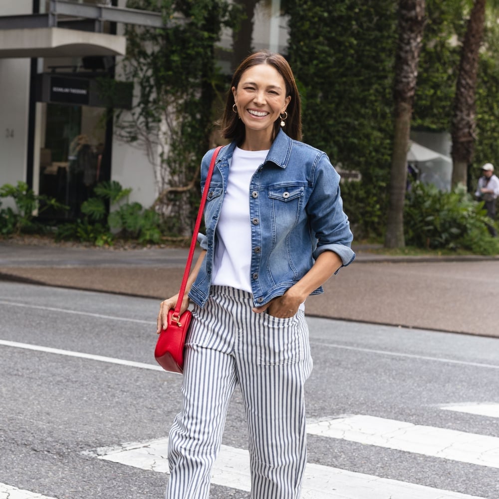 Denim Jacket with Striped Trousers and Red Bag Denim Jacket with Striped Trousers and Red Bag — Trendy Teacher Outfits Elementary