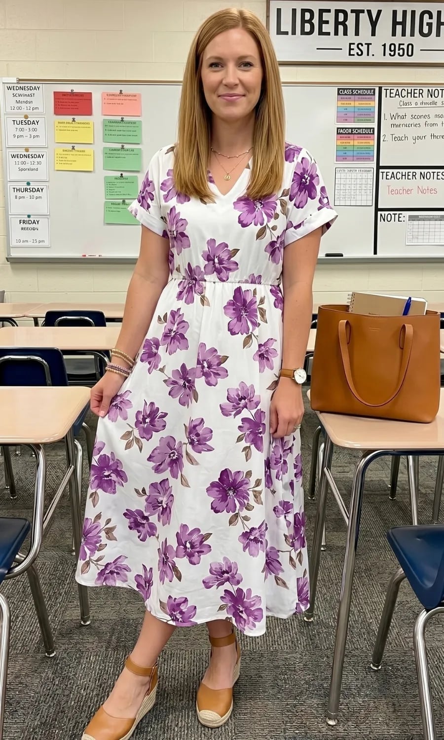 Floral Midi Dress with Tan Espadrilles Floral Midi Dress with Tan Espadrilles — Trendy Teacher Outfits Elementary