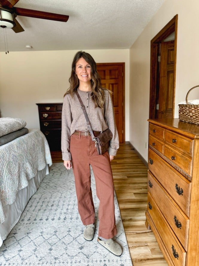 Rust Trousers with Brown Cardigan and Grey Slip-Ons Rust Trousers with Brown Cardigan and Grey Slip-Ons — Trendy Teacher Outfits Elementary