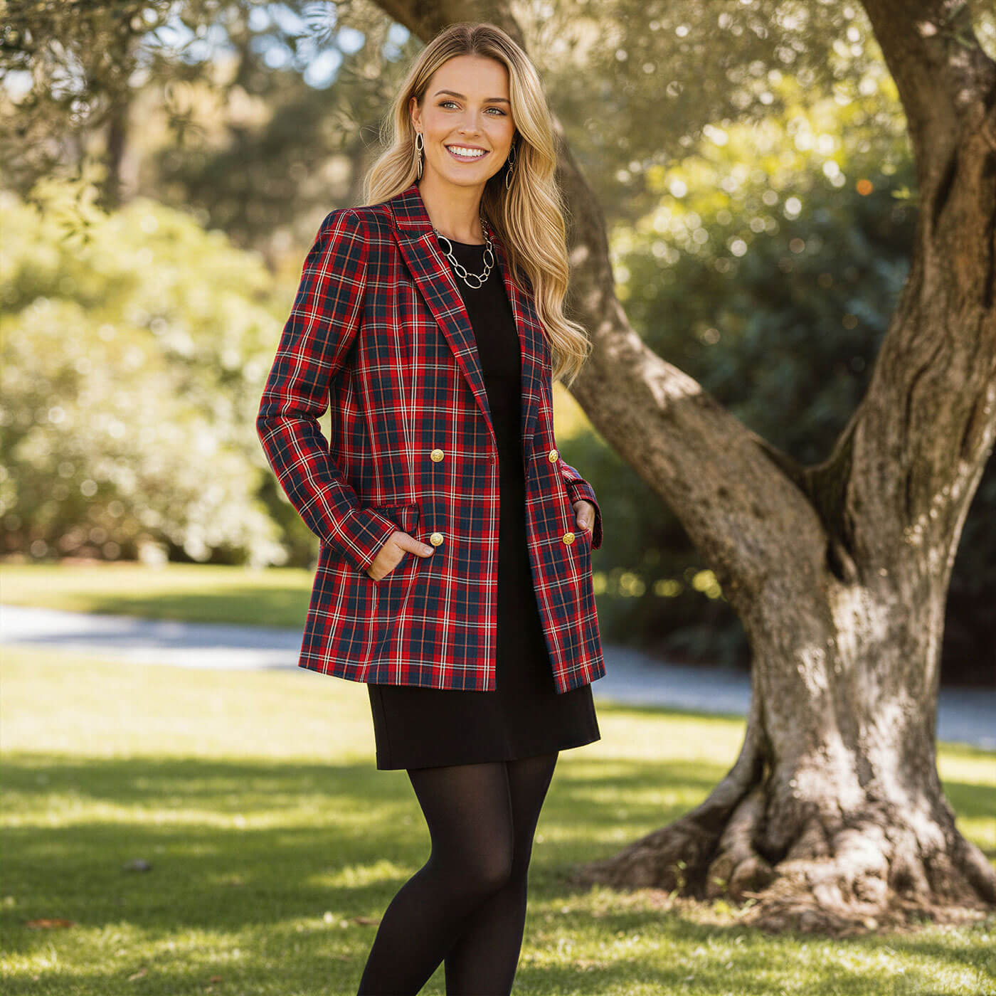 Plaid Blazer Over Black Dress with Tights Plaid Blazer Over Black Dress with Tights — Trendy Teacher Outfits Elementary