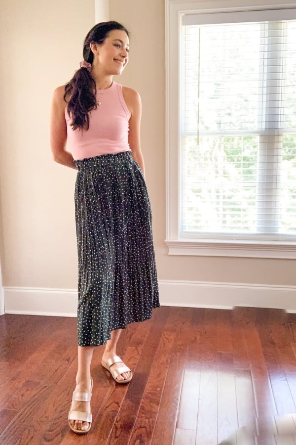 Pink Ribbed Tank with Green Polka Dot Midi Skirt Pink Ribbed Tank with Green Polka Dot Midi Skirt — Trendy Teacher Outfits Elementary