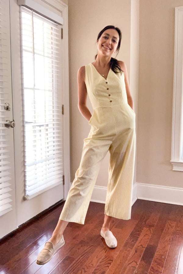 Yellow Striped Jumpsuit with Beige Loafers Yellow Striped Jumpsuit with Beige Loafers — Trendy Teacher Outfits Elementary