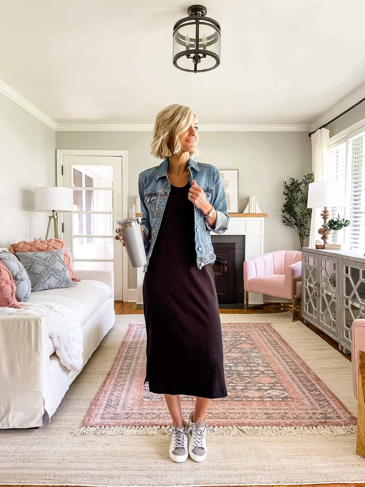 Black Midi Dress with Denim Jacket and Grey Sneakers Black Midi Dress with Denim Jacket and Grey Sneakers — Trendy Teacher Outfits Elementary