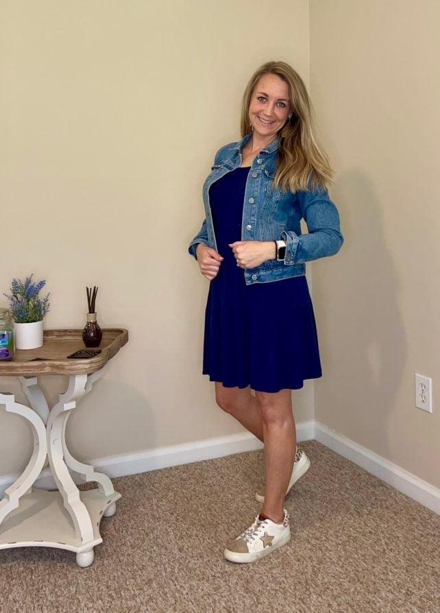 Blue Fit and Flare Dress with Denim Jacket Blue Fit and Flare Dress with Denim Jacket — Trendy Teacher Outfits Elementary