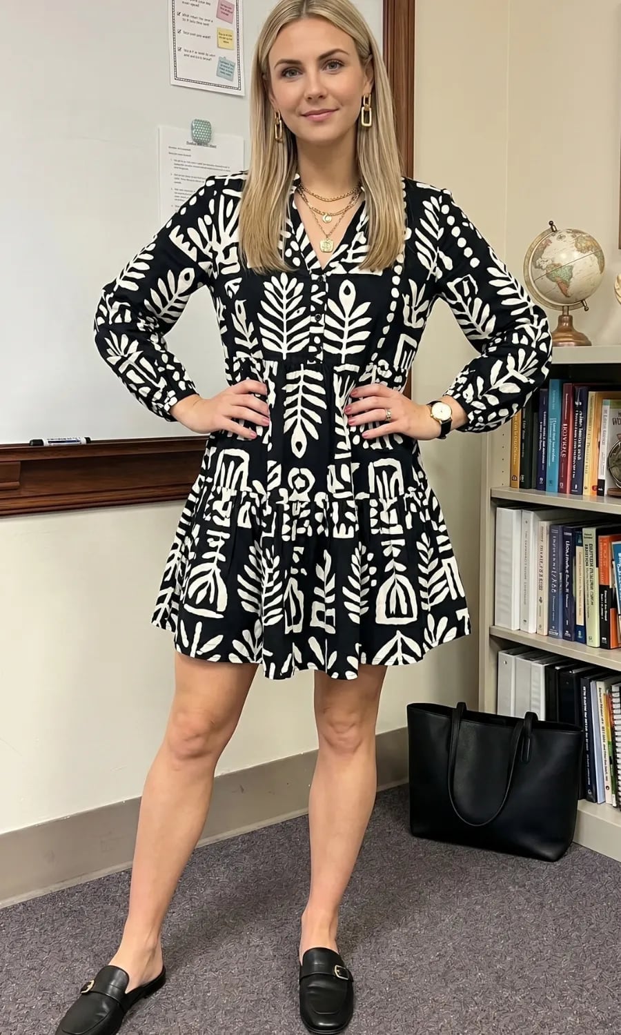 Patterned Fit and Flare Dress with Black Loafers Patterned Fit and Flare Dress with Black Loafers — Trendy Teacher Outfits Elementary
