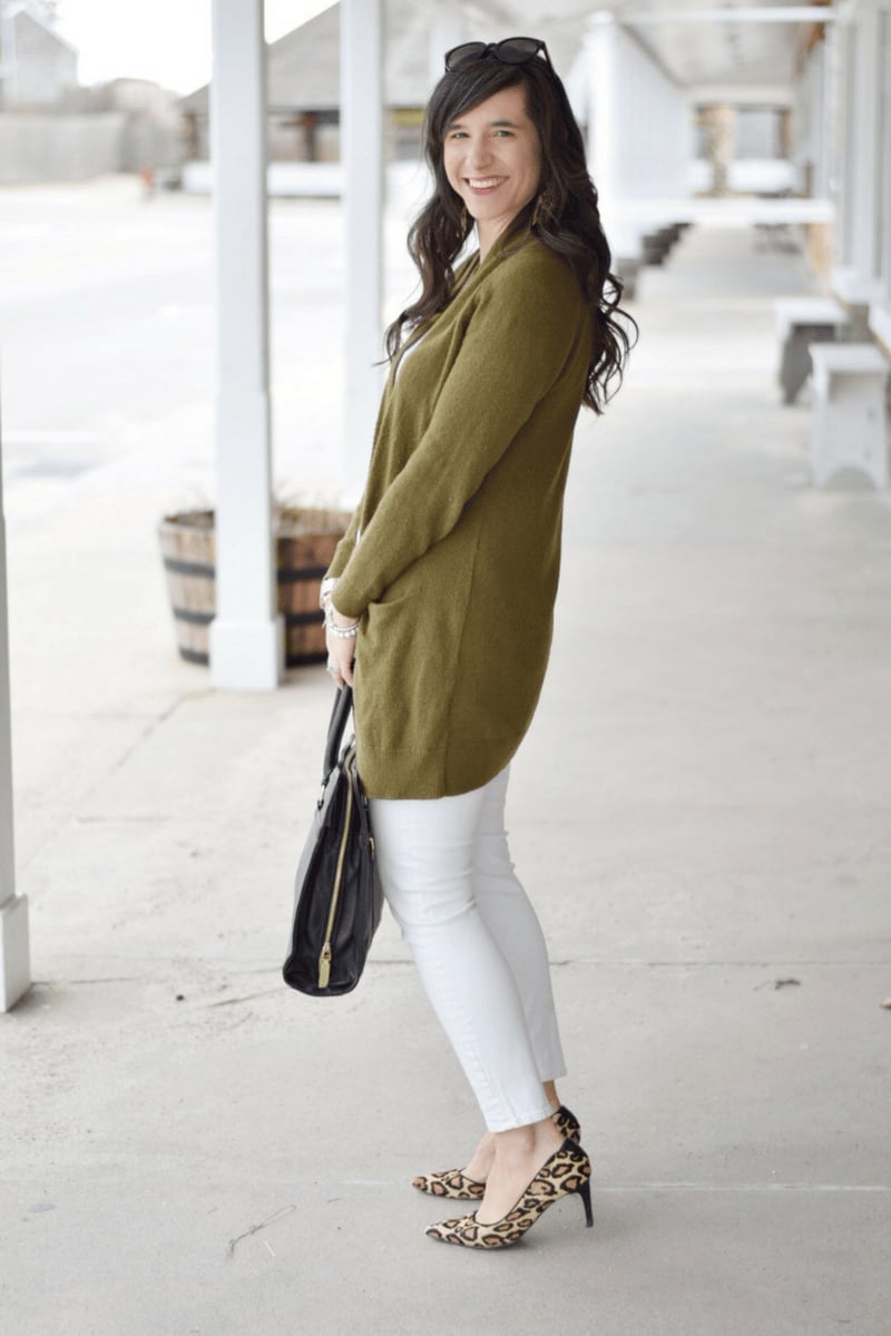 Olive Cardigan with White Jeans and Leopard Heels Olive Cardigan with White Jeans and Leopard Heels — Trendy Teacher Outfits Elementary