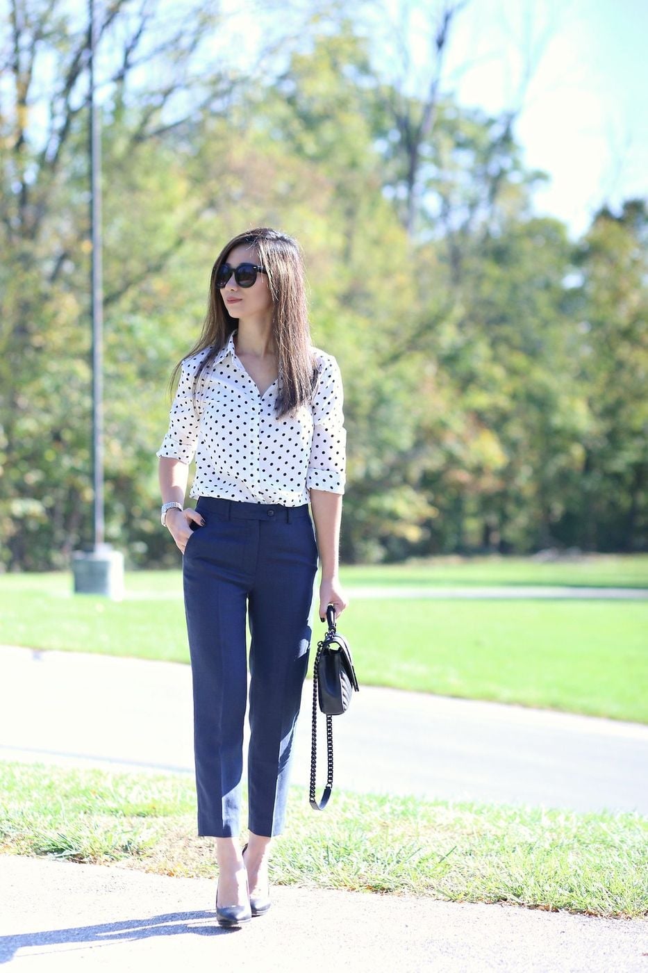 Polka Dot Blouse with Navy Cropped Trousers Polka Dot Blouse with Navy Cropped Trousers — Trendy Teacher Outfits Elementary
