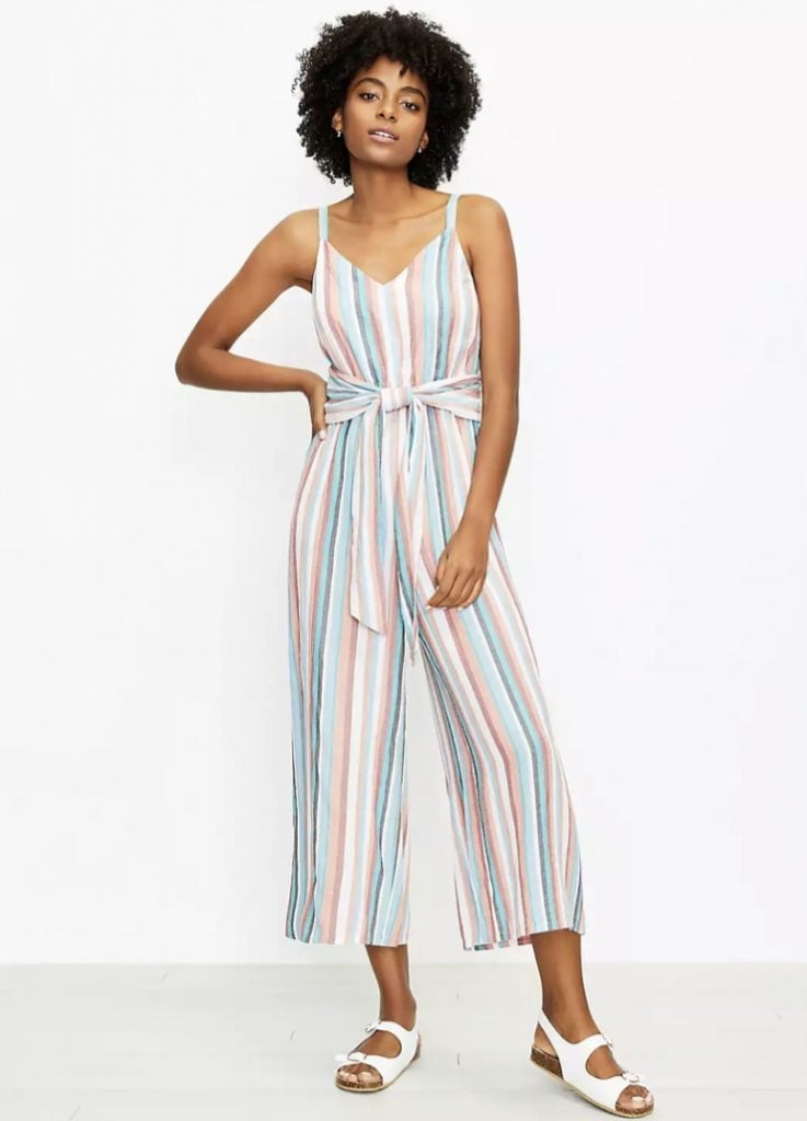 Striped Wide-Leg Jumpsuit with White Sandals Striped Wide-Leg Jumpsuit with White Sandals — Trendy Teacher Outfits Elementary
