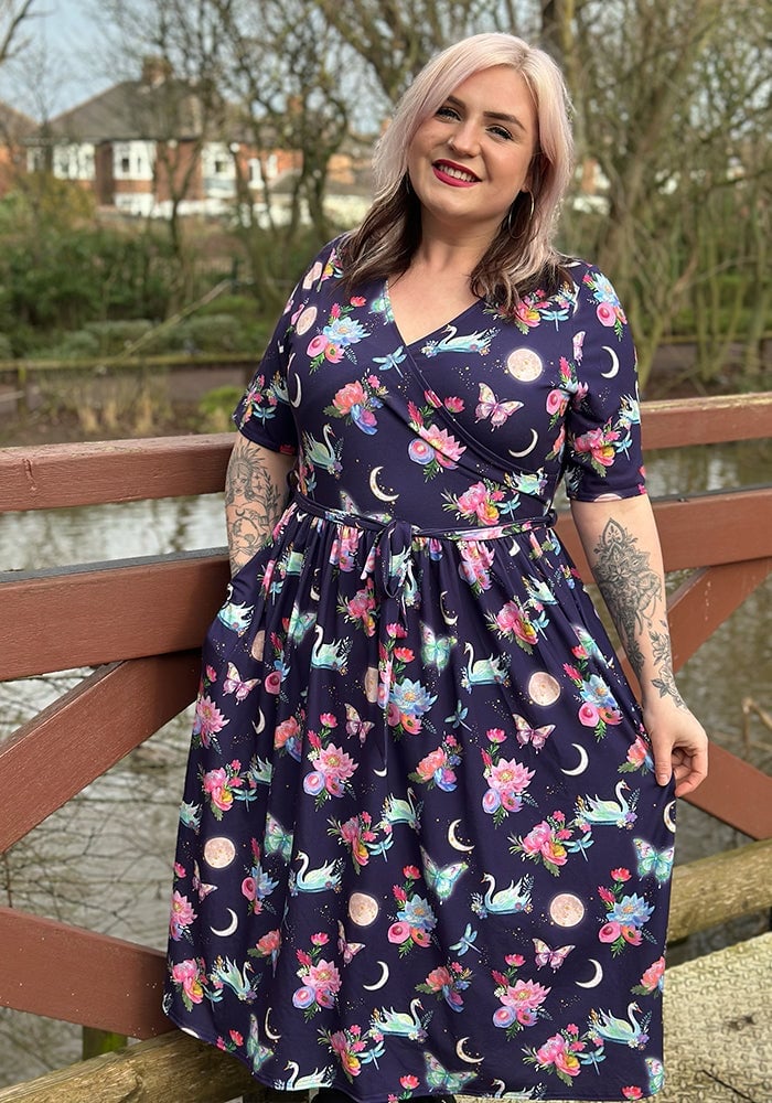 Navy Wrap Dress with Celestial Swan Print Navy Wrap Dress with Celestial Swan Print — Trendy Teacher Outfits Elementary