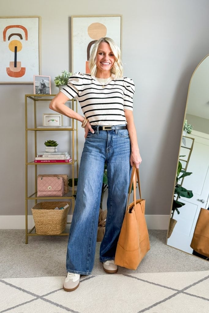 Striped Puff Sleeve Top with Wide Leg Jeans Striped Puff Sleeve Top with Wide Leg Jeans — Trendy Teacher Outfits Elementary
