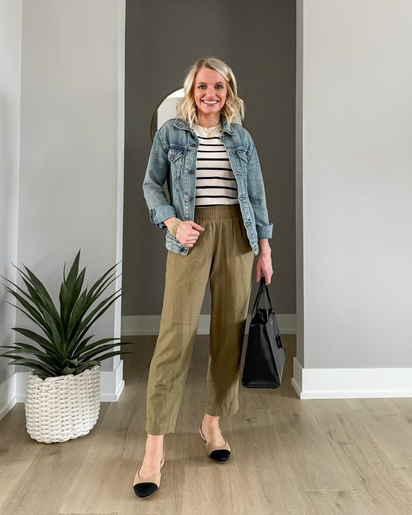 Olive Linen Trousers with Striped Tee and Denim Jacket Olive Linen Trousers with Striped Tee and Denim Jacket — Trendy Teacher Outfits Elementary