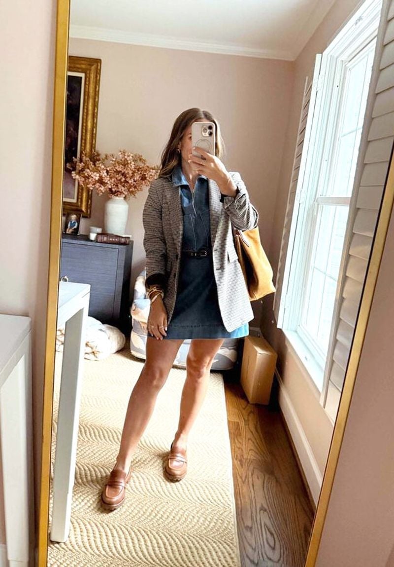 Navy Polka Dot Jumper with White Blouse and Skirt Navy Polka Dot Jumper with White Blouse and Skirt — Trendy Teacher Outfits Elementary