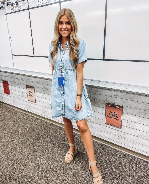 Light Blue Denim Shirt Dress with Beige Espadrilles Light Blue Denim Shirt Dress with Beige Espadrilles — Trendy Teacher Outfits Elementary