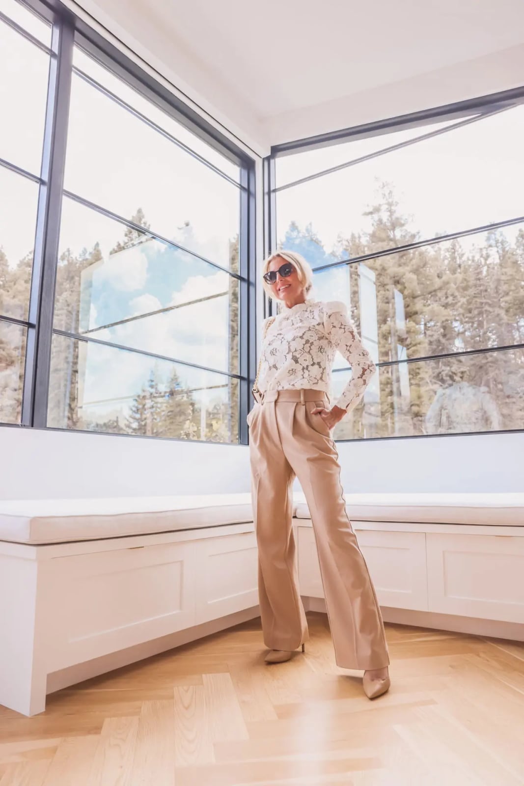 White Lace Top with Beige Wide-Leg Trousers White Lace Top with Beige Wide-Leg Trousers — Trendy Teacher Outfits Elementary