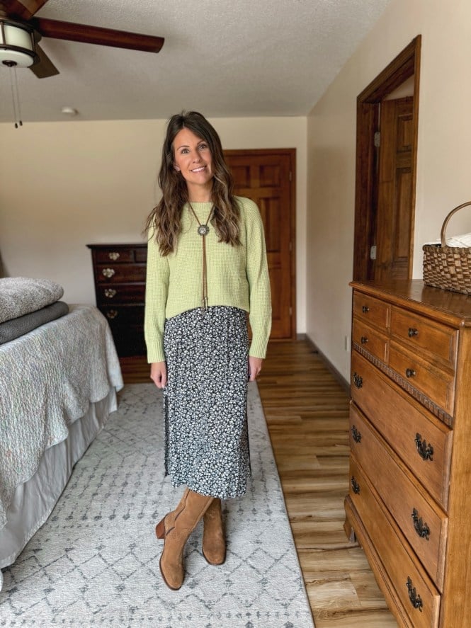 Green Knit Sweater with Floral Midi Skirt and Boots Green Knit Sweater with Floral Midi Skirt and Boots — Trendy Teacher Outfits Elementary
