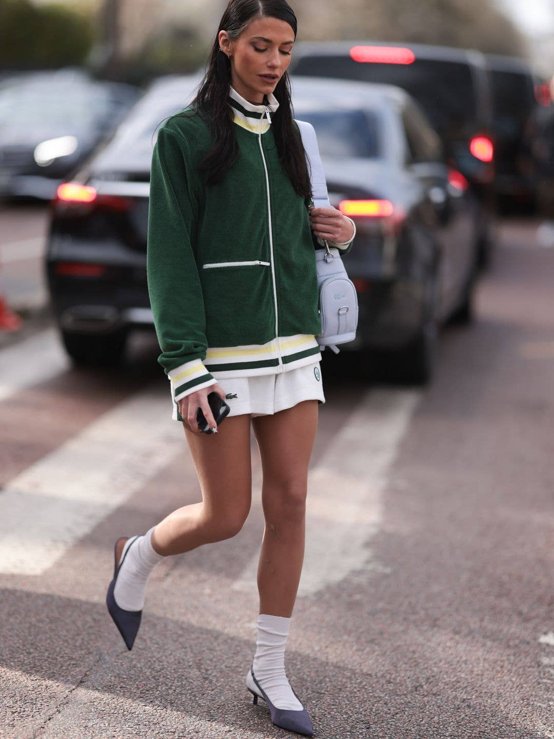 Navy Knit Tennis Dress with Grey Velour Jacket — Trendy Tennis Outfits