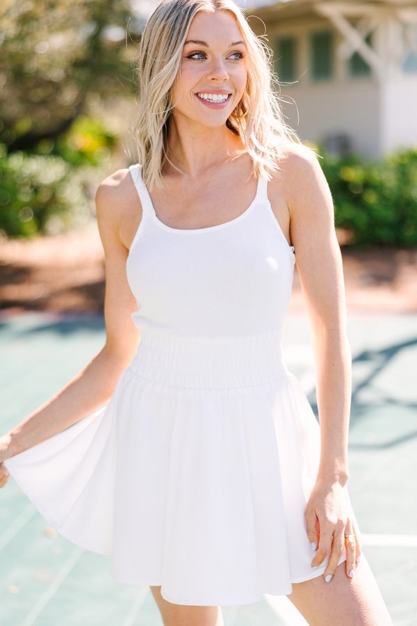 White Ribbed Tank Top and Smocked Waist Pleated Skirt, Close-Up Take — Trendy Tennis Outfits