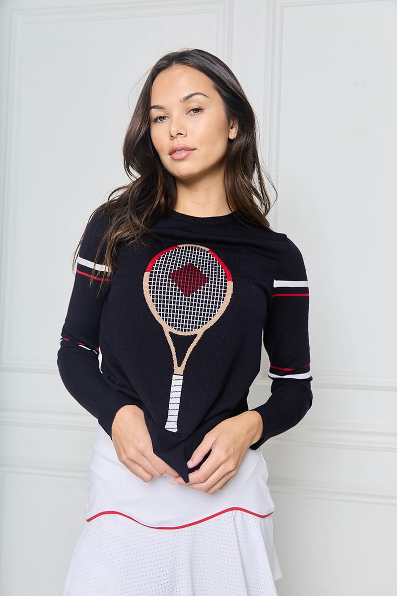Navy Sweater with Tennis Graphic and Striped Skirt — Trendy Tennis Outfits