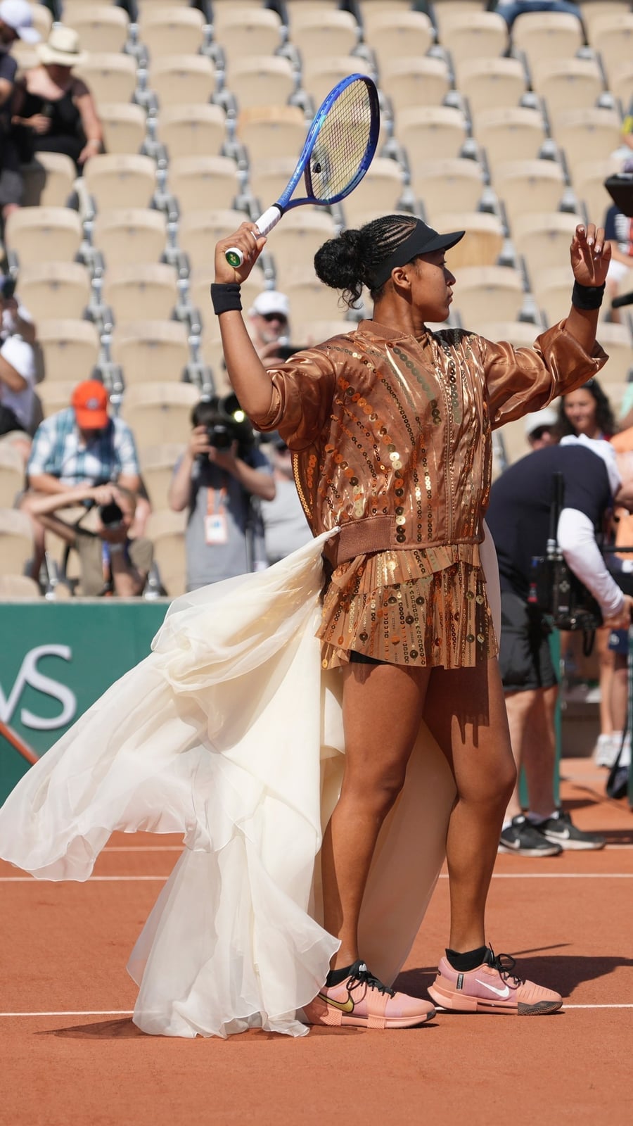 Gold Sequined Jacket, Mini Skirt, and Sheer Train — Trendy Tennis Outfits