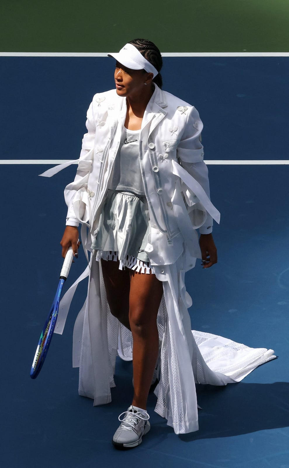 White Structured Jacket with Dramatic Sleeves and Train — Trendy Tennis Outfits