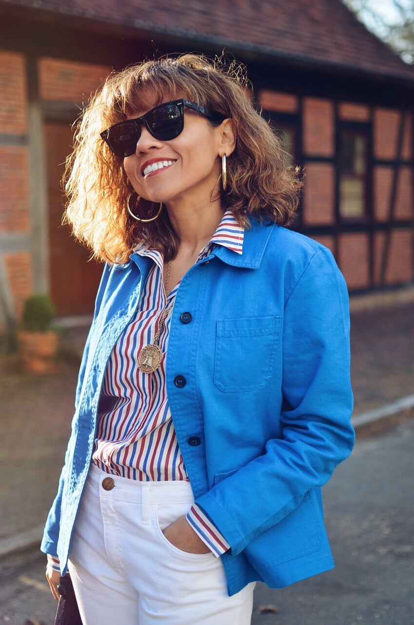 Workwear Jacket with Striped Shirt and White Trousers — Trendy Tomboy Outfits