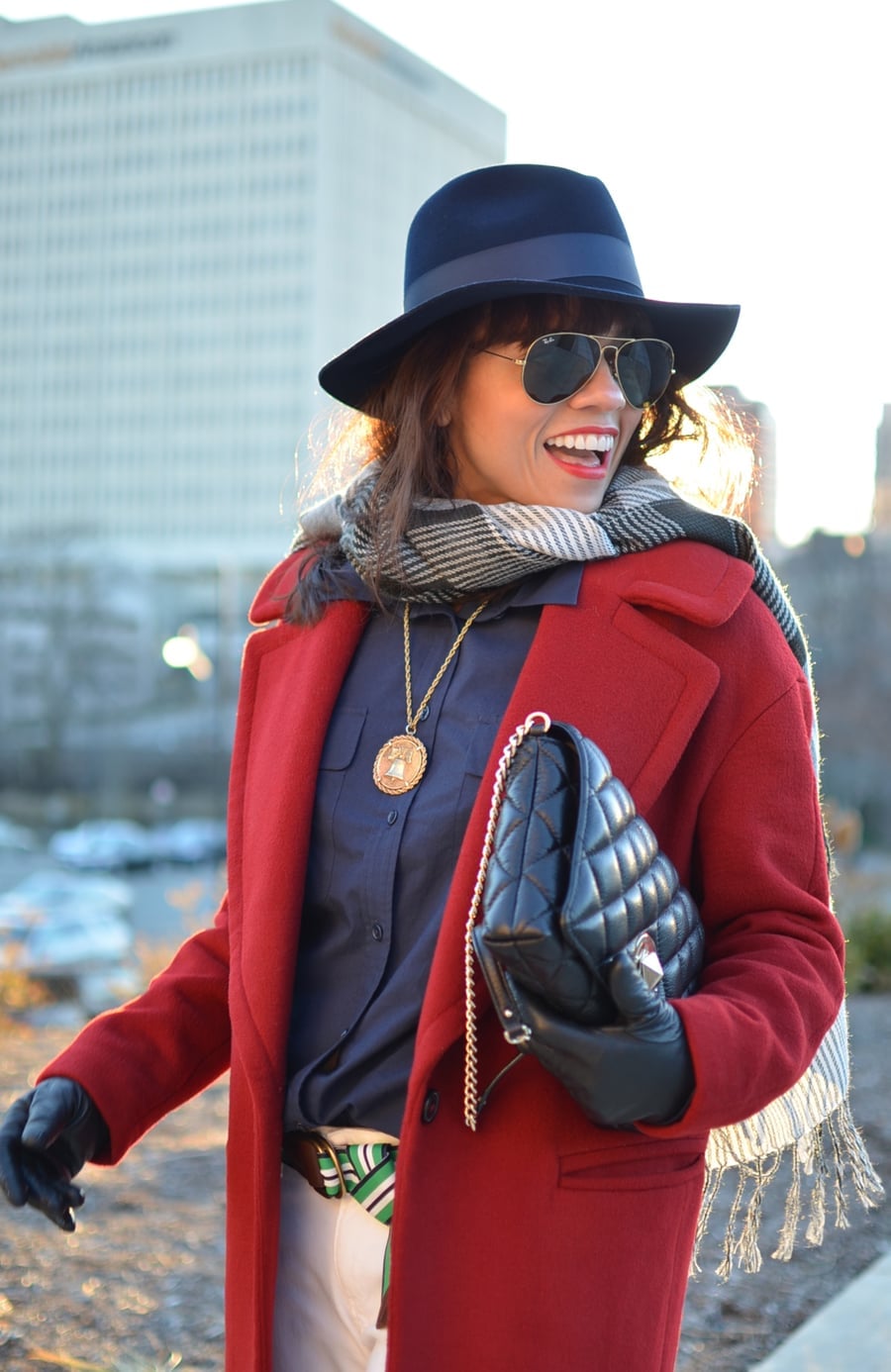 Red Wool Coat with Navy Shirt — Trendy Tomboy Outfits