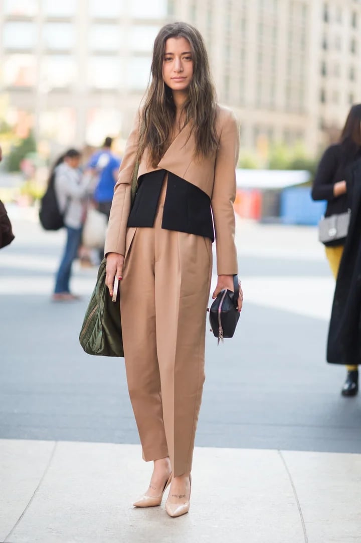 Camel Blazer Suit with Bandeau Top — Trendy Tomboy Outfits