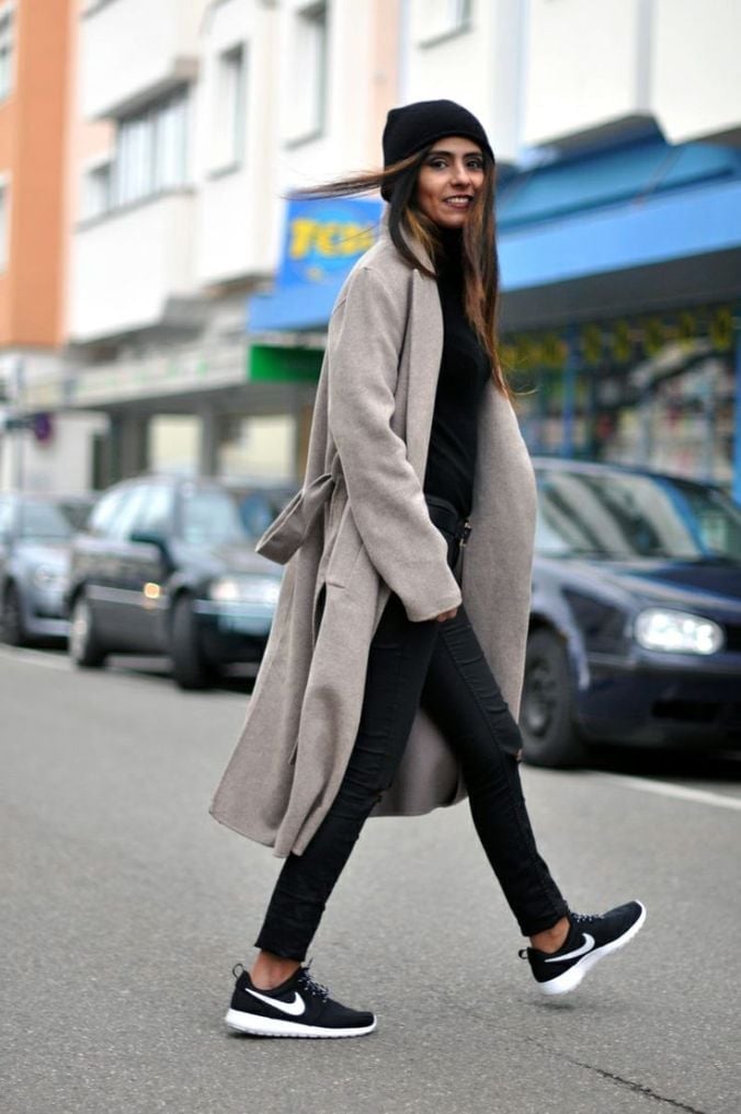 Long Grey Coat with Black Turtleneck and Slim Fit Trousers — Trendy Tomboy Outfits