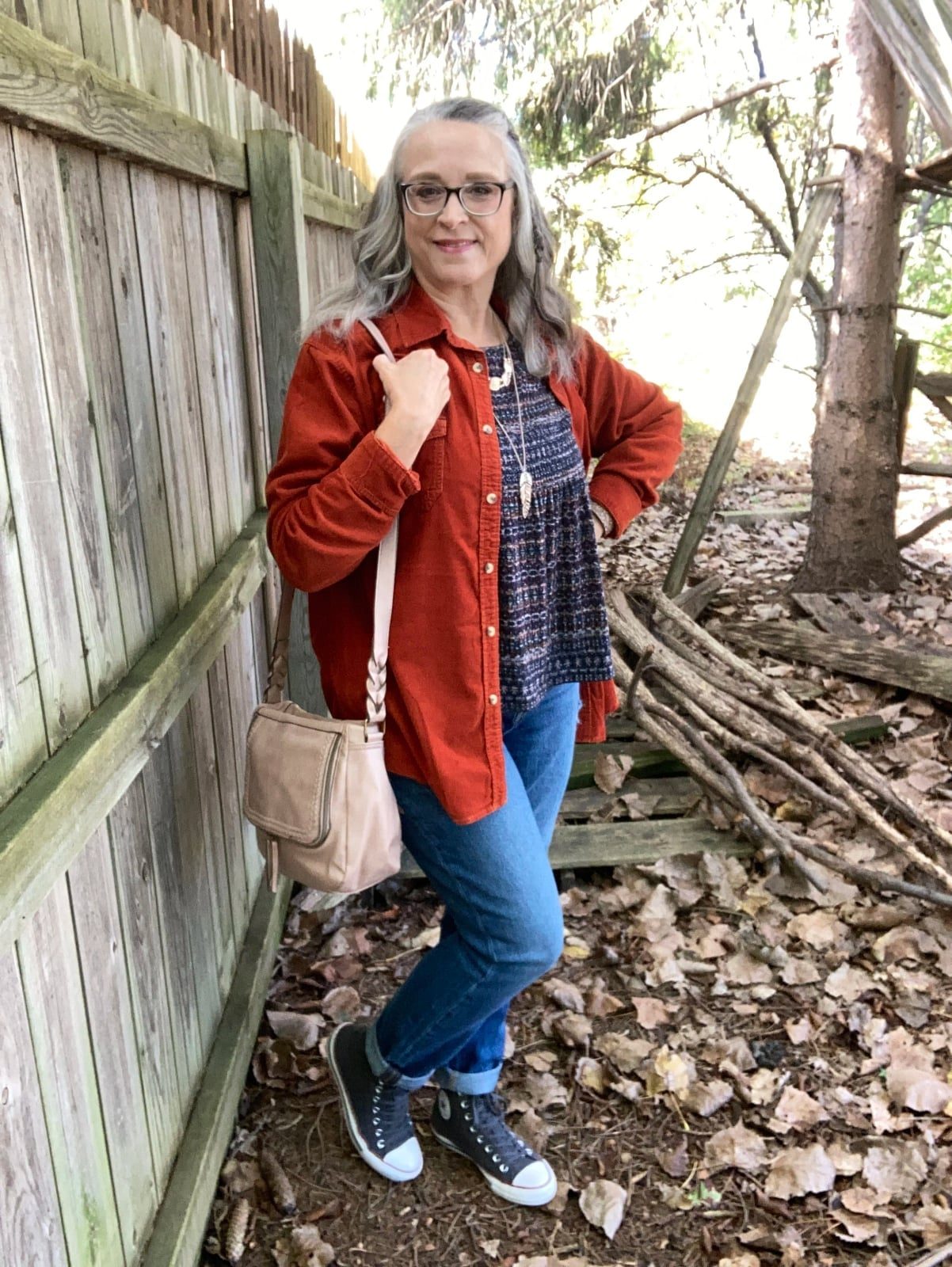 Orange Corduroy Shirt with Tunic Top and Beige Crossbody Bag — Trendy Tomboy Outfits