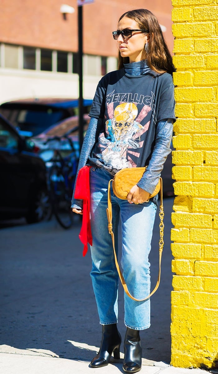 Graphic T-shirt Over Shimmering Top With Black Ankle Boots — Trendy Tomboy Outfits