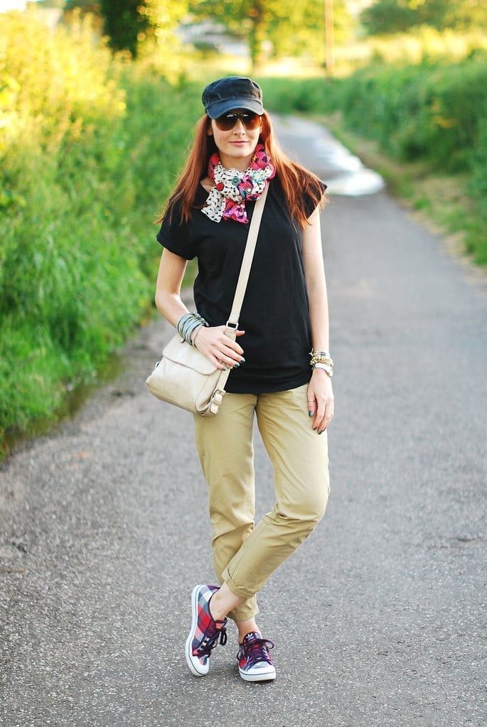 Khaki Cargo Pants with Black T-shirt and A Vibrant Patterned Scarf — Trendy Tomboy Outfits