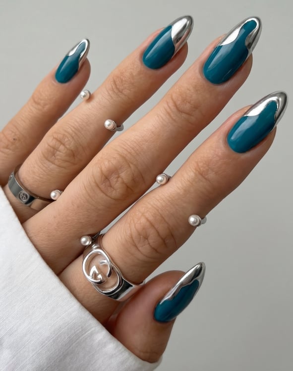Deep Teal Chrome French Tip Almond Nails Deep Teal Chrome French Tip Almond Nails — Trendy Turquoise Nails