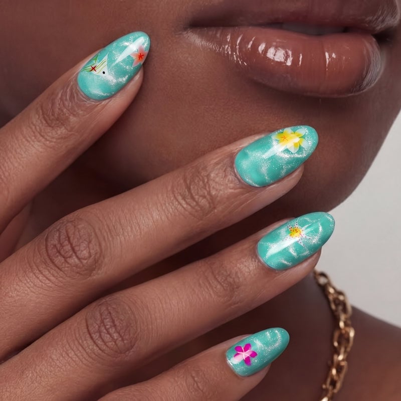 Shimmering Teal Cat-Eye Floral Accent Medium Oval Nails Shimmering Teal Cat-Eye Floral Accent Medium Oval Nails — Trendy Turquoise Nails