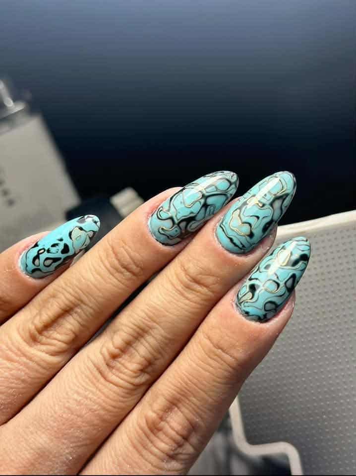 Turquoise Abstract Swirl Gold Black Glossy Almond Nails Turquoise Abstract Swirl Gold Black Glossy Almond Nails — Trendy Turquoise Nails