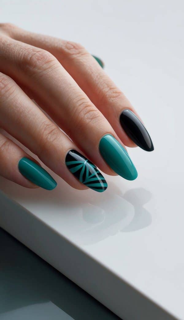 Teal Geometric Pattern Glossy Stiletto Nails Teal Geometric Pattern Glossy Stiletto Nails — Trendy Turquoise Nails