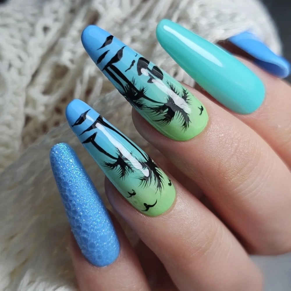 Turquoise Palm Tree Gradient Glitter Coffin Nails Turquoise Palm Tree Gradient Glitter Coffin Nails — Trendy Turquoise Nails