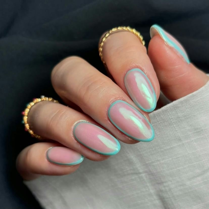Pale Pink Iridescent Turquoise Outline Medium Almond Nails Pale Pink Iridescent Turquoise Outline Medium Almond Nails — Trendy Turquoise Nails