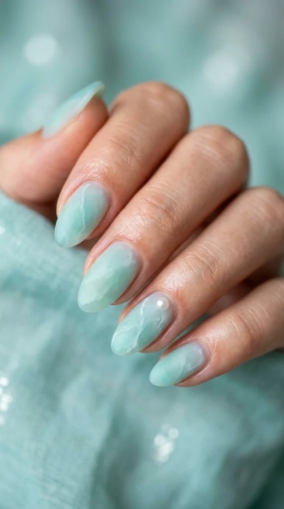 Short Oval Velvet Floral Print Accent Nails Short Oval Velvet Floral Print Accent Nails — Trendy Turquoise Nails