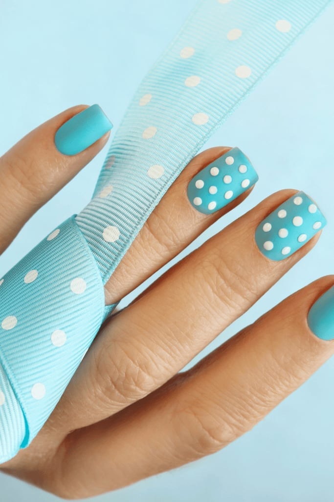 Matte Light Turquoise Polka Dot Short Oval Nails Matte Light Turquoise Polka Dot Short Oval Nails — Trendy Turquoise Nails