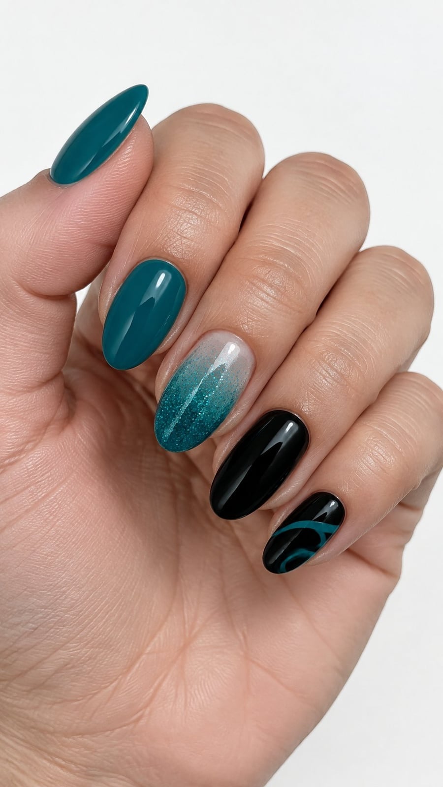 Velvet Teal Gradient Glitter Abstract Lines Short Oval Nails Velvet Teal Gradient Glitter Abstract Lines Short Oval Nails — Trendy Turquoise Nails