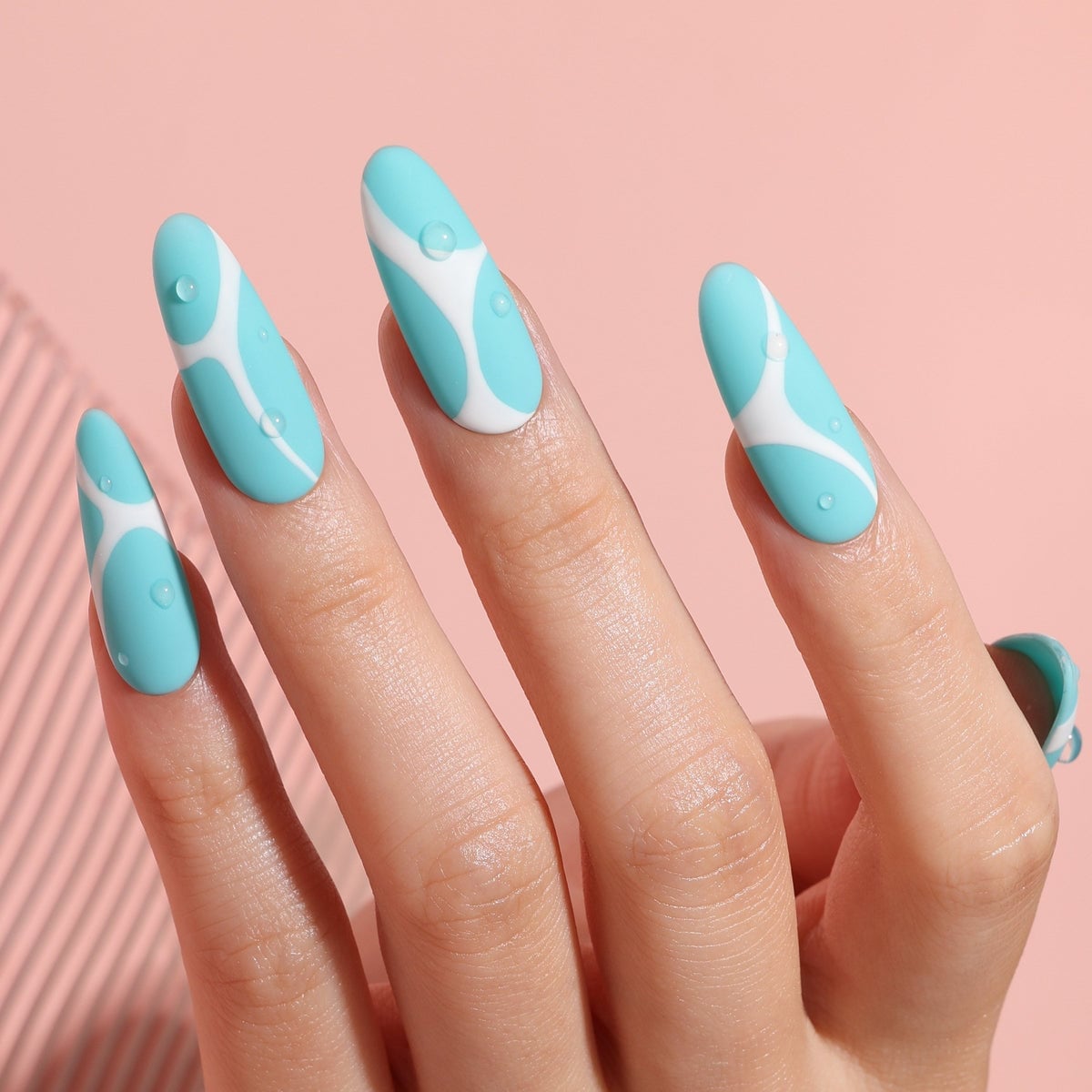 Turquoise Water Splash Glossy Long Oval Nails Turquoise Water Splash Glossy Long Oval Nails — Trendy Turquoise Nails