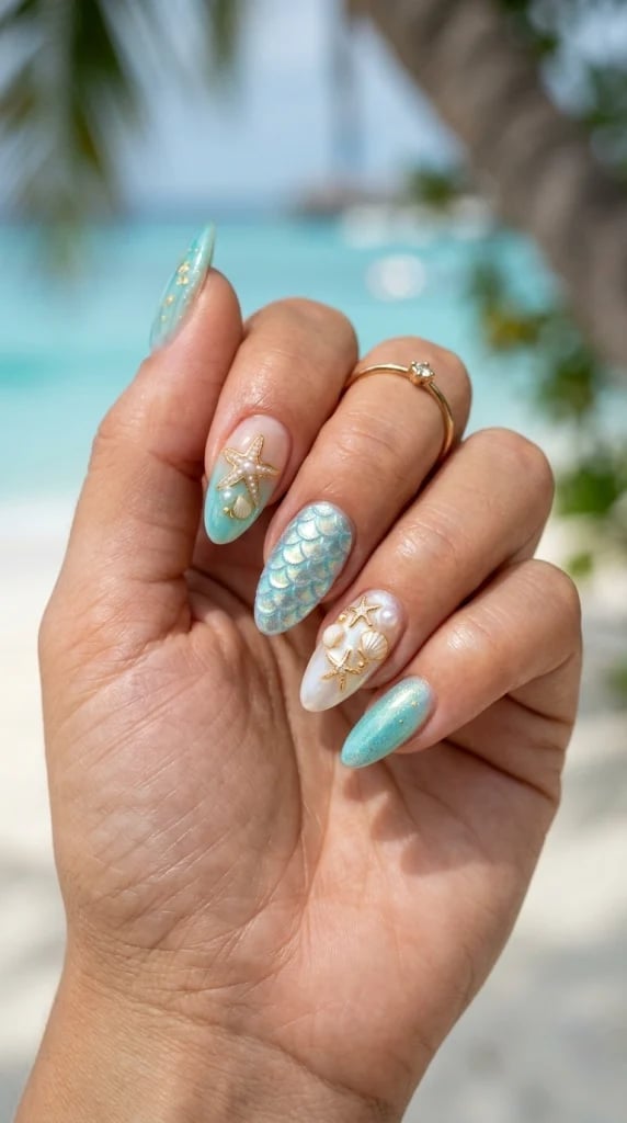 Long Almond Mermaid 3D Shells Pearls Starfish Nails Long Almond Mermaid 3D Shells Pearls Starfish Nails — Trendy Turquoise Nails
