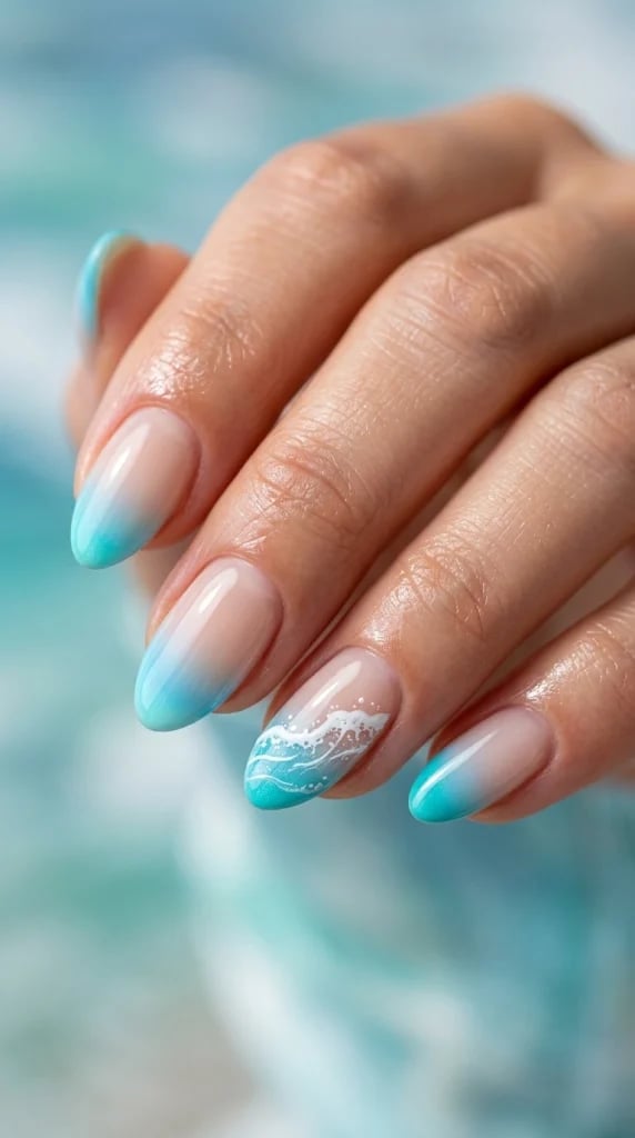 Nude to Turquoise Gradient Wave Art Medium Almond Nails Nude to Turquoise Gradient Wave Art Medium Almond Nails — Trendy Turquoise Nails