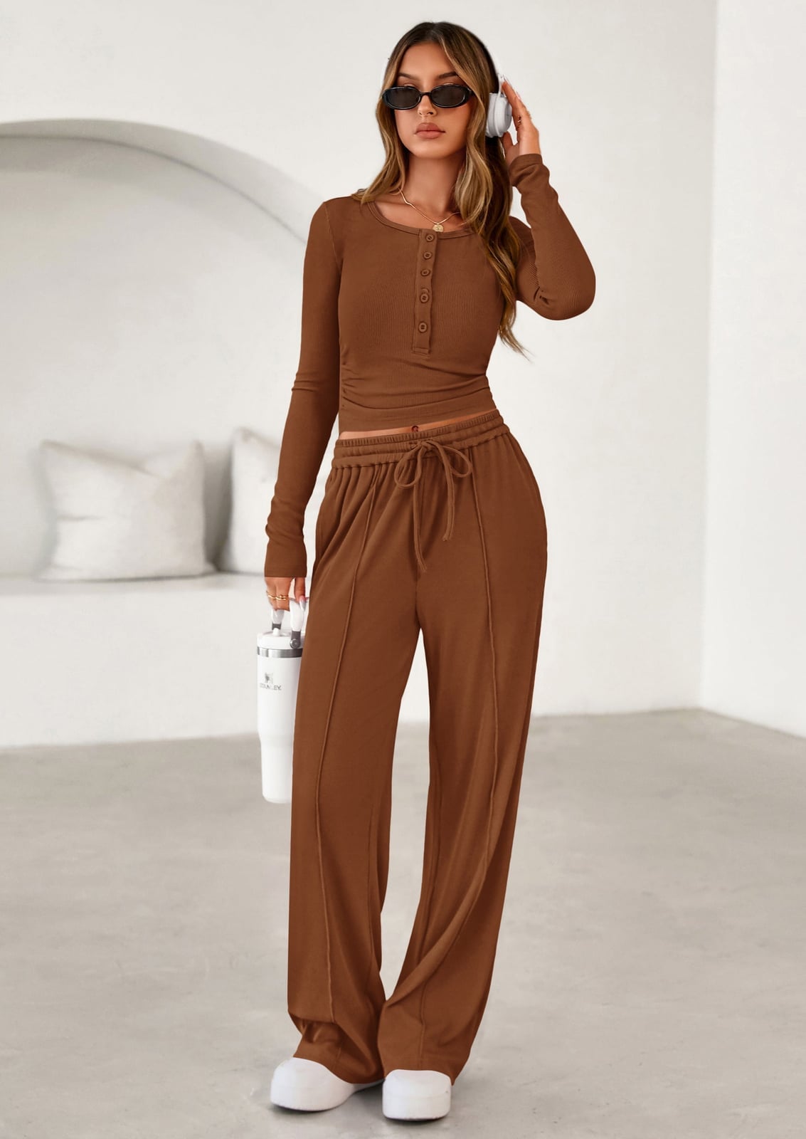 Brown Ribbed Knit Henley Top and Wide-Leg Lounge Pants — Trendy Two Piece Outfits