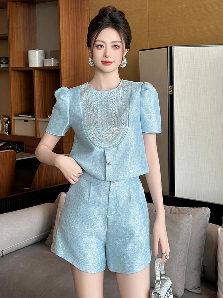Light Blue Puff-Sleeve Crop Top and Tailored Shorts — Trendy Two Piece Outfits