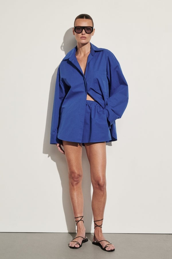 Vibrant Blue Oversized Button-Down Shirt and Matching Shorts — Trendy Two Piece Outfits