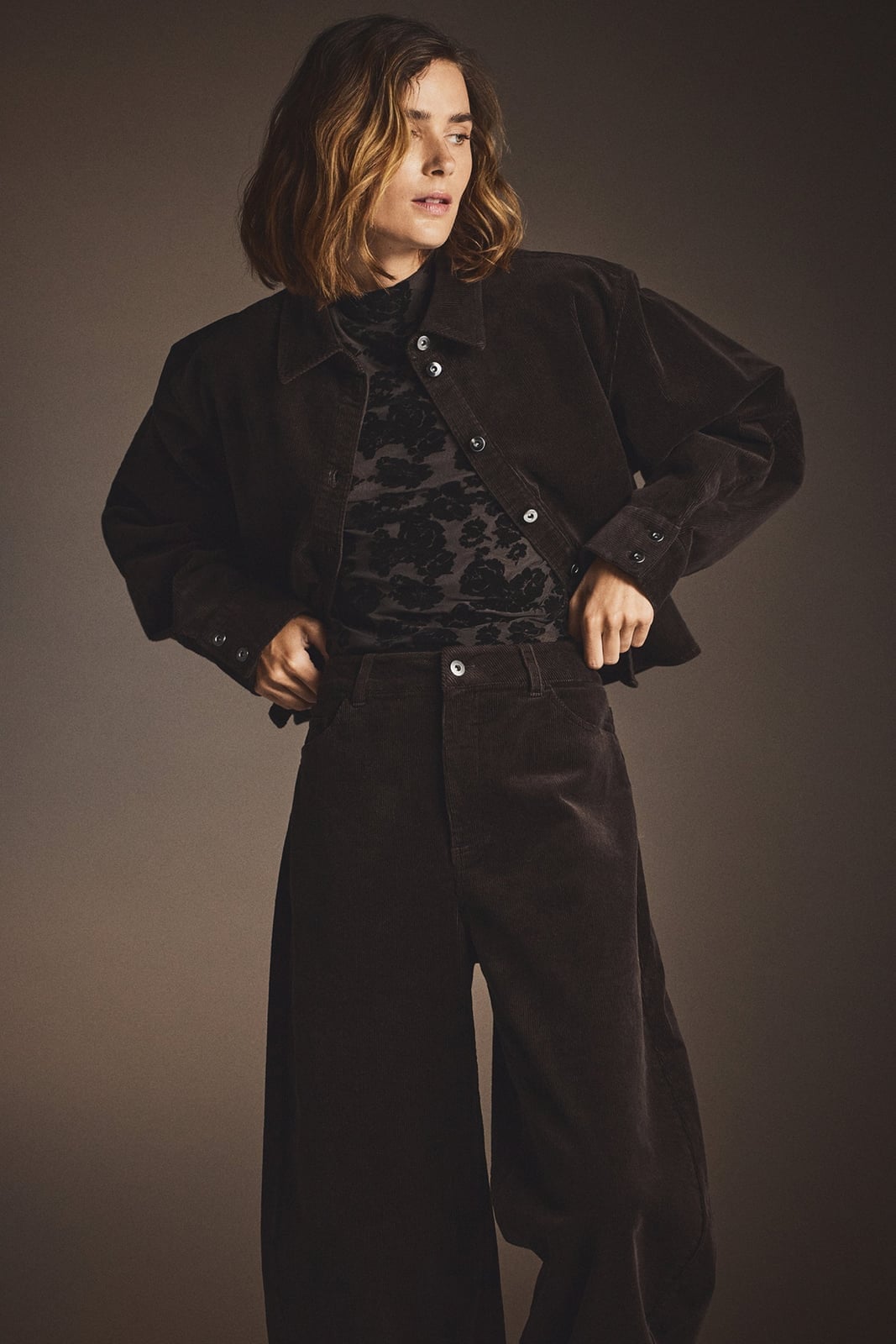 Dark Brown Corduroy Jacket and Wide-Leg Pants — Trendy Two Piece Outfits